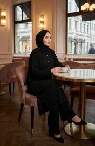 Button-Down Pleated Tunic And Pants Two-Piece Set 2216-01 Black 2216-01