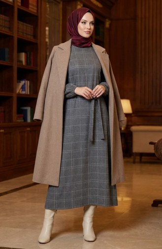 Robe D`hiver Rayée Ceinturée à Poignets élastiqués 2505-01 Gris 2505-01