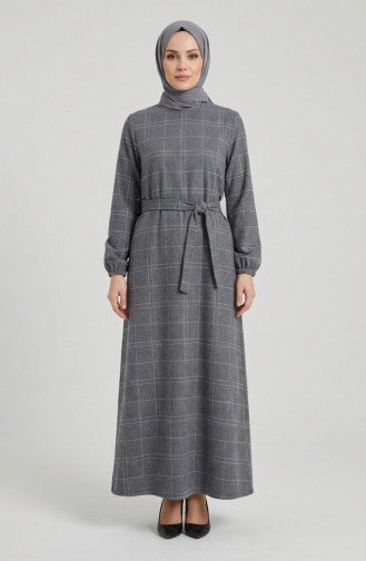 Robe D`hiver Rayée Ceinturée à Poignets élastiqués 2505-01 Gris 2505-01