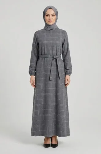 Robe D`hiver Rayée Ceinturée à Poignets élastiqués 2505-01 Gris 2505-01
