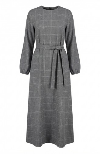 Robe D`hiver Rayée Ceinturée à Poignets élastiqués 2505-01 Gris 2505-01