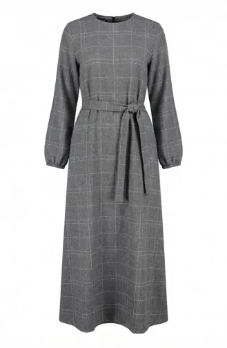 Robe D`hiver Rayée Ceinturée à Poignets élastiqués 2505-01 Gris 2505-01