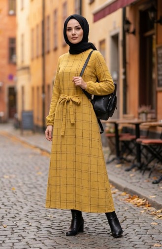 Striped Belted Winter Dress With Elasticated Cuffs 2505-02 Mustard 2505-02