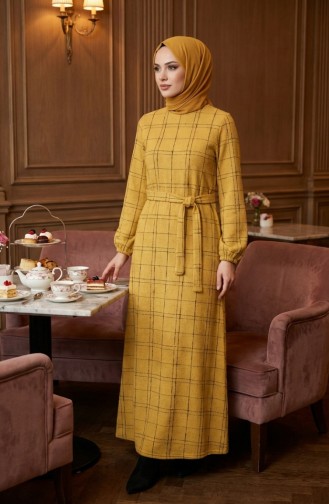 Striped Belted Winter Dress With Elasticated Cuffs 2505-02 Mustard 2505-02
