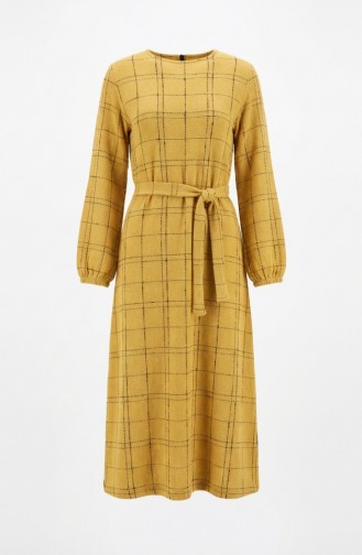 Striped Belted Winter Dress With Elasticated Cuffs 2505-02 Mustard 2505-02