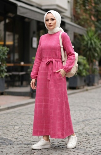 Striped Belted Winter Dress With Elasticated Cuffs 2505-03 Pink 2505-03