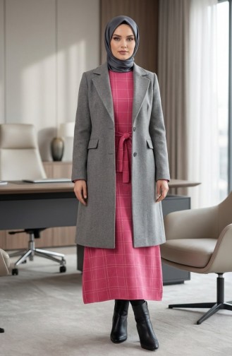 Striped Belted Winter Dress With Elasticated Cuffs 2505-03 Pink 2505-03