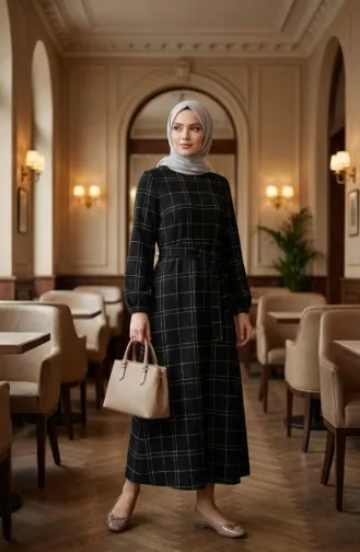 Striped Belted Winter Dress With Elasticated Cuffs 2505-04 Black 2505-04
