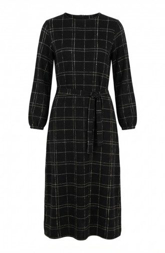 فستان شتوي مخطط بحزام وأساور مطاطية 2505-04 أسود 2505-04