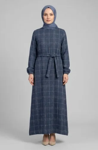 Robe D`hiver Rayée Avec Ceinture Et Poignets élastiqués 2505-05 Bleu Marine 2505-05