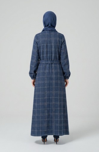 فستان شتوي مخطط بحزام وأساور مطاطية 2505-05 أزرق داكن 2505-05