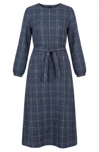 فستان شتوي مخطط بحزام وأساور مطاطية 2505-05 أزرق داكن 2505-05