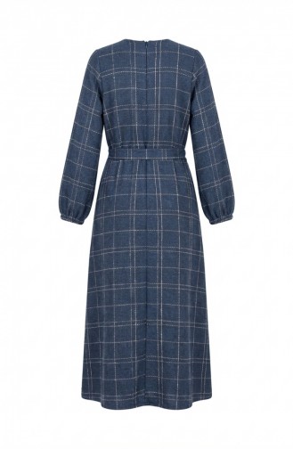 فستان شتوي مخطط بحزام وأساور مطاطية 2505-05 أزرق داكن 2505-05