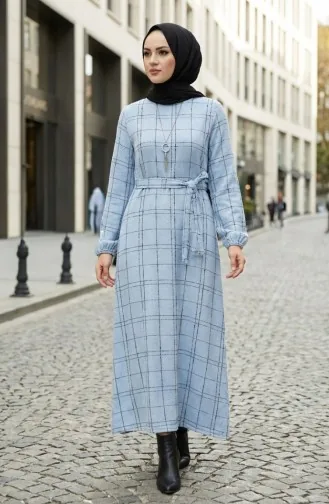 Robe D`hiver Rayée Ceinturée à Poignets élastiqués 2505-06 Bleu 2505-06