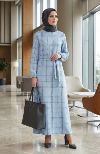 Striped Belted Winter Dress With Elasticated Cuffs 2505-06 Blue 2505-06