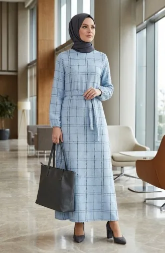 Robe D`hiver Rayée Ceinturée à Poignets élastiqués 2505-06 Bleu 2505-06