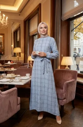 Robe D`hiver Rayée Ceinturée à Poignets élastiqués 2505-06 Bleu 2505-06