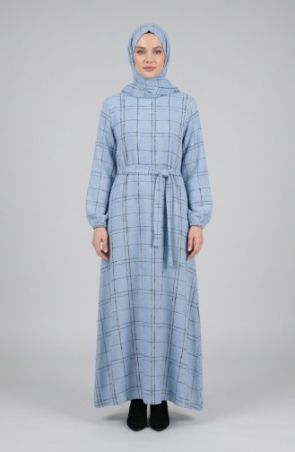 Striped Belted Winter Dress With Elasticated Cuffs 2505-06 Blue 2505-06