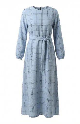Robe D`hiver Rayée Ceinturée à Poignets élastiqués 2505-06 Bleu 2505-06