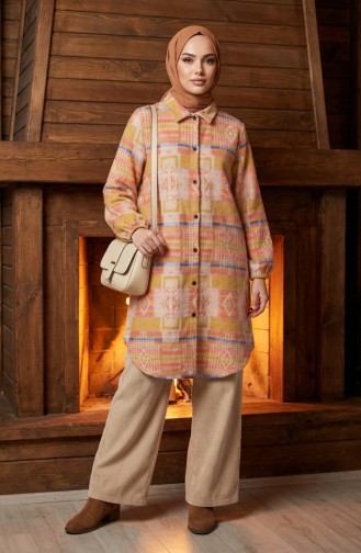 سترة شتوية منقوشة بنقوش عرقية وأزرار، مستوحاة من زي الحطابين، رقم الموديل 2504-01، لونها خردلي تراكوتا 2504-01