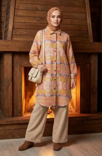 سترة شتوية منقوشة بنقوش عرقية وأزرار، مستوحاة من زي الحطابين، رقم الموديل 2504-01، لونها خردلي تراكوتا 2504-01