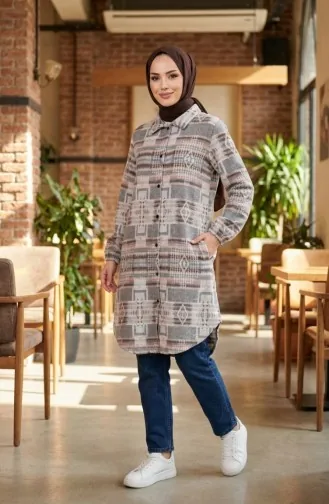 Wintertunika Im Holzfällerstil Mit Ethnischem Muster Und Knöpfen Modell 2504-02 Grau/Braun 2504-02