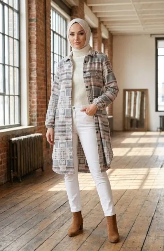 Wintertunika Im Holzfällerstil Mit Ethnischem Muster Und Knöpfen Modell 2504-02 Grau/Braun 2504-02