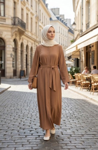 Aerobin Fabric Belted Abaya 4043-02 Camel 4043-02