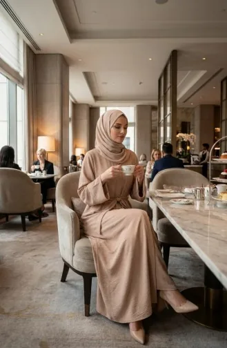 Aerobin Stoff Abaya Mit Gürtel 4043-03 Beige 4043-03