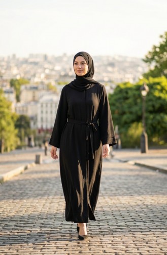 Abaya Ceinturée En Tissu Aerobin 4043-06 Noir 4043-06