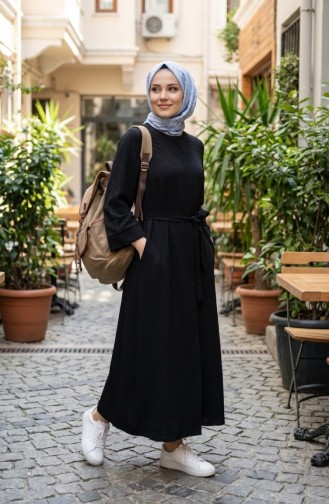 Abaya Ceinturée En Tissu Aerobin 4043-06 Noir 4043-06