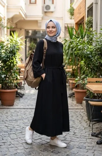 عباية بحزام من قماش أيروبين 4043-06 أسود 4043-06