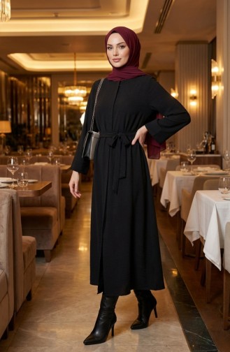 Abaya Ceinturée En Tissu Aerobin 4043-06 Noir 4043-06