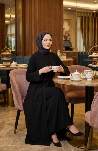 Abaya Ceinturée En Tissu Aerobin 4043-06 Noir 4043-06