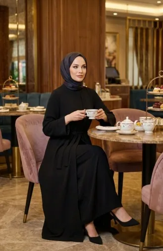 عباية بحزام من قماش أيروبين 4043-06 أسود 4043-06