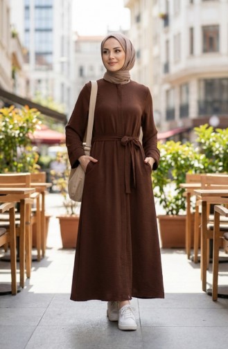 Aerobin Kumaş Kuşaklı Ferace 4043-08 Kahverengi