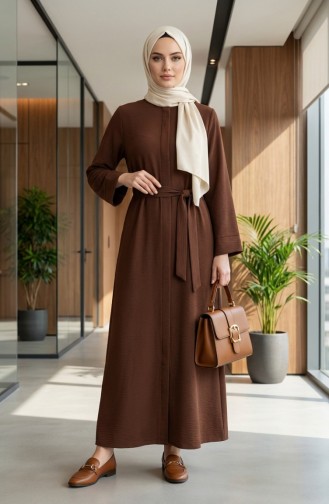Aerobin Kumaş Kuşaklı Ferace 4043-08 Kahverengi