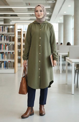 Front Buttoned Hooded Cashmere Coat 0188-04 Khaki Green 0188-04