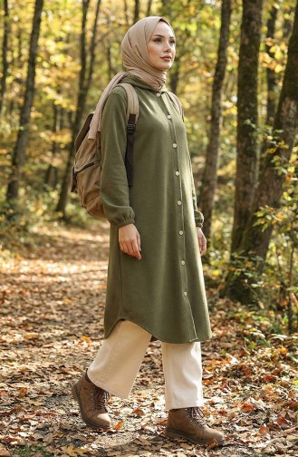 Front Buttoned Hooded Cashmere Coat 0188-04 Khaki Green 0188-04