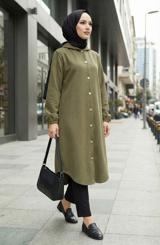 Front Buttoned Hooded Cashmere Coat 0188-04 Khaki Green 0188-04