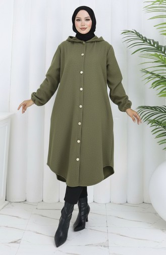 Front Buttoned Hooded Cashmere Coat 0188-04 Khaki Green 0188-04