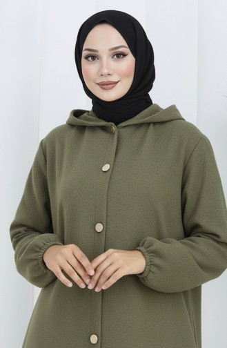 Front Buttoned Hooded Cashmere Coat 0188-04 Khaki Green 0188-04