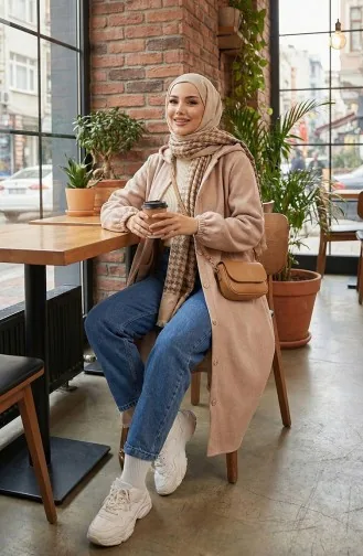 Manteau En Cachemire à Capuche Boutonnée Sur Le Devant 0188-05 Beige 0188-05