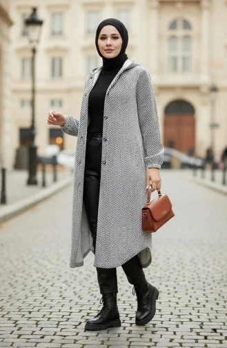 Manteau En Cachemire à Capuche Et Boutons 0201-04 Blanc 0201-04