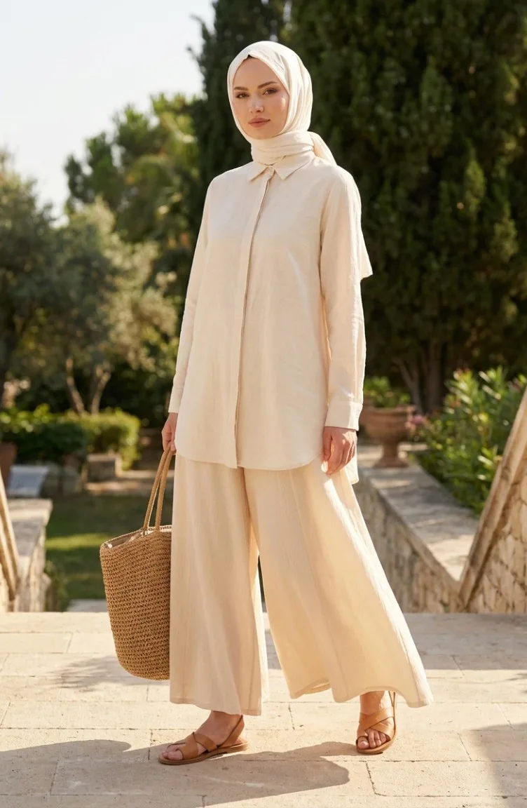 Ensemble Jupe Et Pantalon En Tissu Şile 0500-09 Crème 0500-09