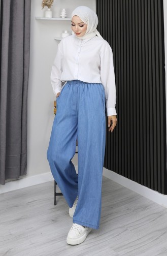 Tensel Beli Lastikli Kot Pantolon 7568-06 Açık Lacivert