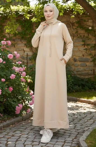 فستان رياضي بغطاء رأس من خيوط مزدوجة 0190-26 بيج فاتح 0190-26