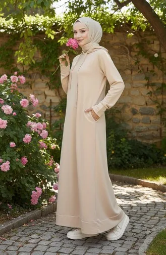 فستان رياضي بغطاء رأس من خيوط مزدوجة 0190-26 بيج فاتح 0190-26