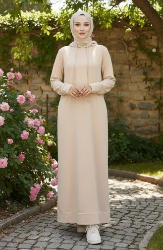 فستان رياضي بغطاء رأس من خيوط مزدوجة 0190-26 بيج فاتح 0190-26