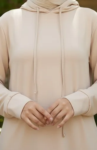 فستان رياضي بغطاء رأس من خيوط مزدوجة 0190-26 بيج فاتح 0190-26